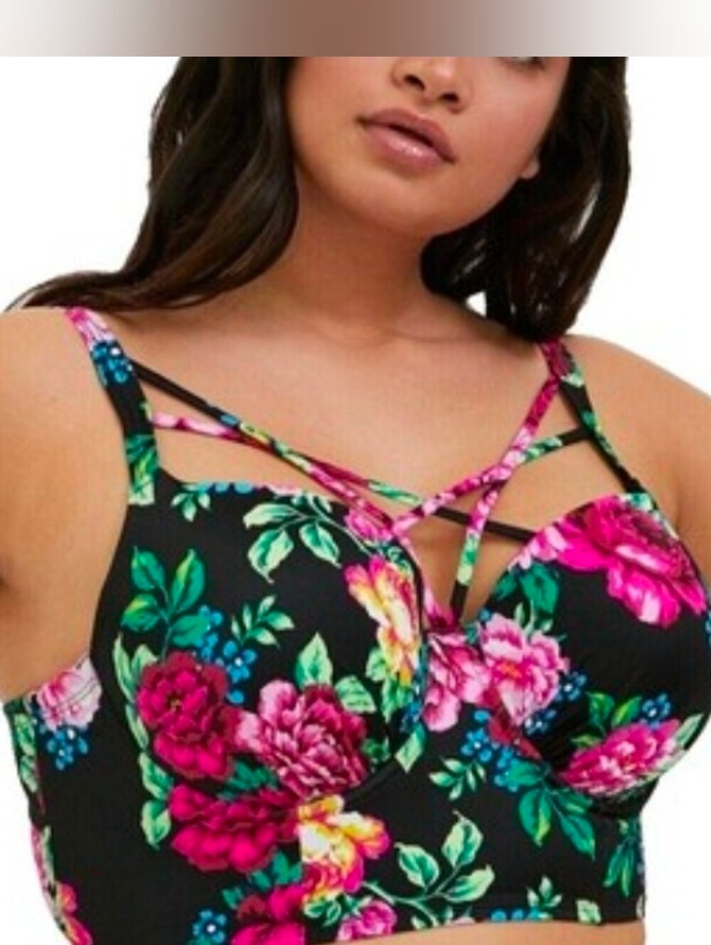 Torrid Floral Strappy Women's Swim Top - Black with Pink & Green Floral Size 4